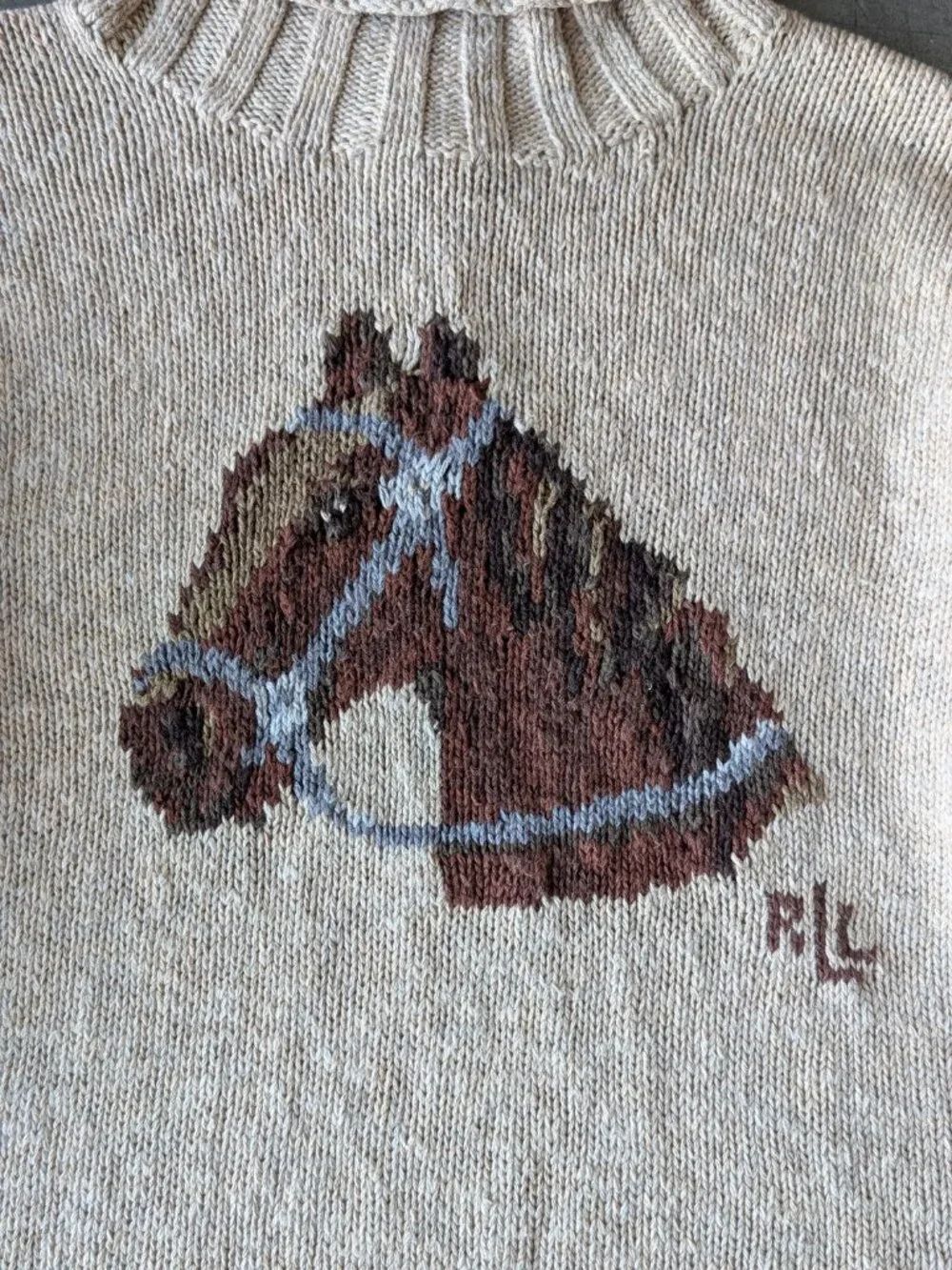 Ralph Lauren Horse Equestrian Intarsia Knit Tan Linen Turtleneck Sweater medium - Picture 2 of 10